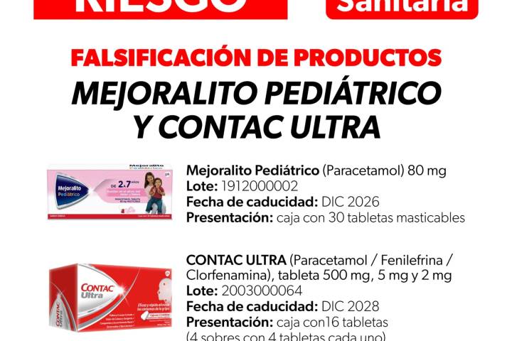 Llama SSM a no consumir Mejoralito pediátrico y Contac Ultra por falsificación