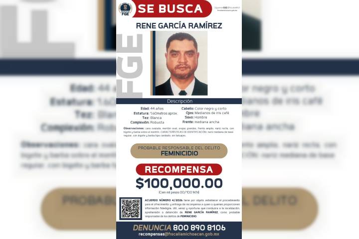Emite FGE acuerdo de recompensa para la detención de René García Ramírez, presunto responsable de feminicidio