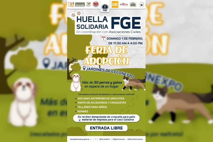 Invita FGE a la Feria de Adopción "Huella Solidaria" en coordinación con Asociaciones Civiles