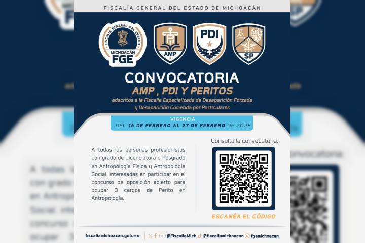 Emite FGE convocatoria para ocupar 15 plazas categoría "B" en la Fiscalía Especializada en Desaparición Forzada y Desaparición Cometida por Particulares