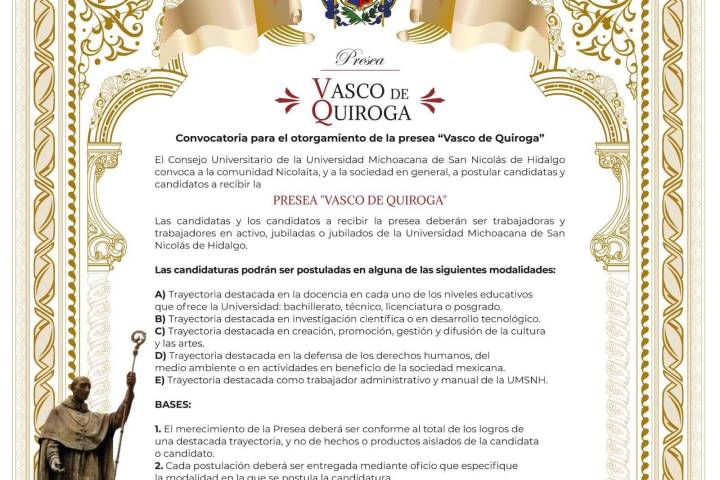 Lista la convocatoria de la Presea "Vasco de Quiroga"; UMSNH invita a participar con propuestas