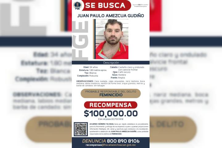 Ofrece FGE recompensa para ubicar y detener a Juan Paulo Amezcua Gudiño