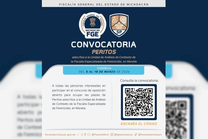Fiscalía de Michoacán emite convocatoria para integrar personal pericial a la Fiscalía Especializada de Feminicidio