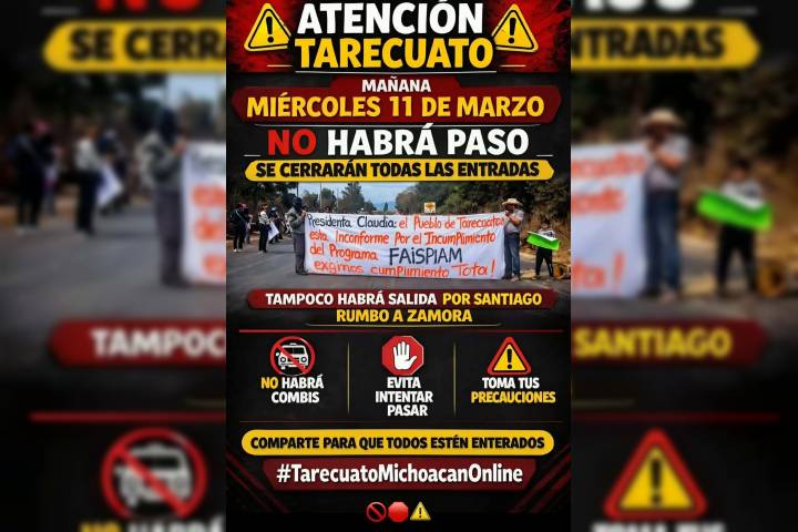 Cierran carreteras en Tarecuato, exigen entrega de recursos federales