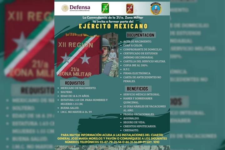 La 21/a. Zona Militar invita a mujeres y hombres a formar parte del Ejército Mexicano