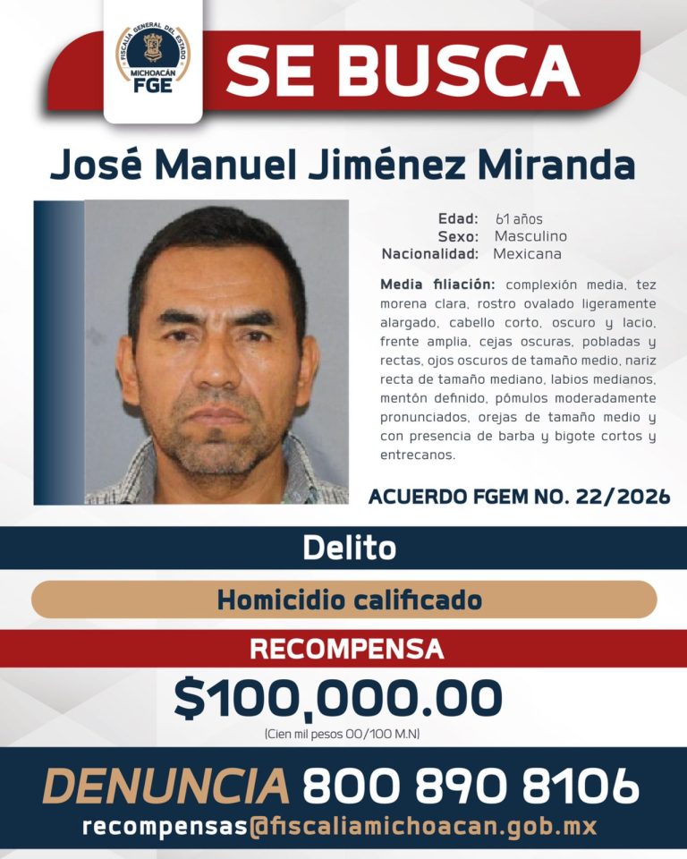 Emite FGE acuerdo de recompensa para la detención de José Jiménez Miranda, presunto responsable del homicidio de Carlos Manzo